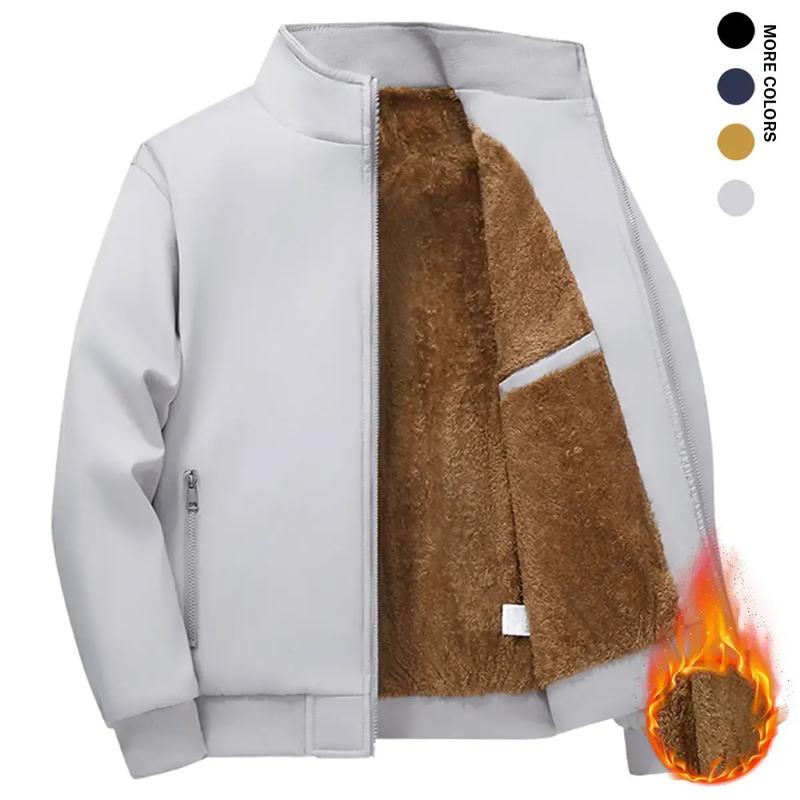 Men's Fleece Lined Thickened Jacket Winter Warmth Coat with Stand Collar, Full Zip，Windproof Outer Shell, Side Pockets, Elastic Cuffs & Hem for a Snug Fit, Ideal for Casual Outings, Outdoor Adventures & Daily Wear，Menswear Tops Long Sleeve