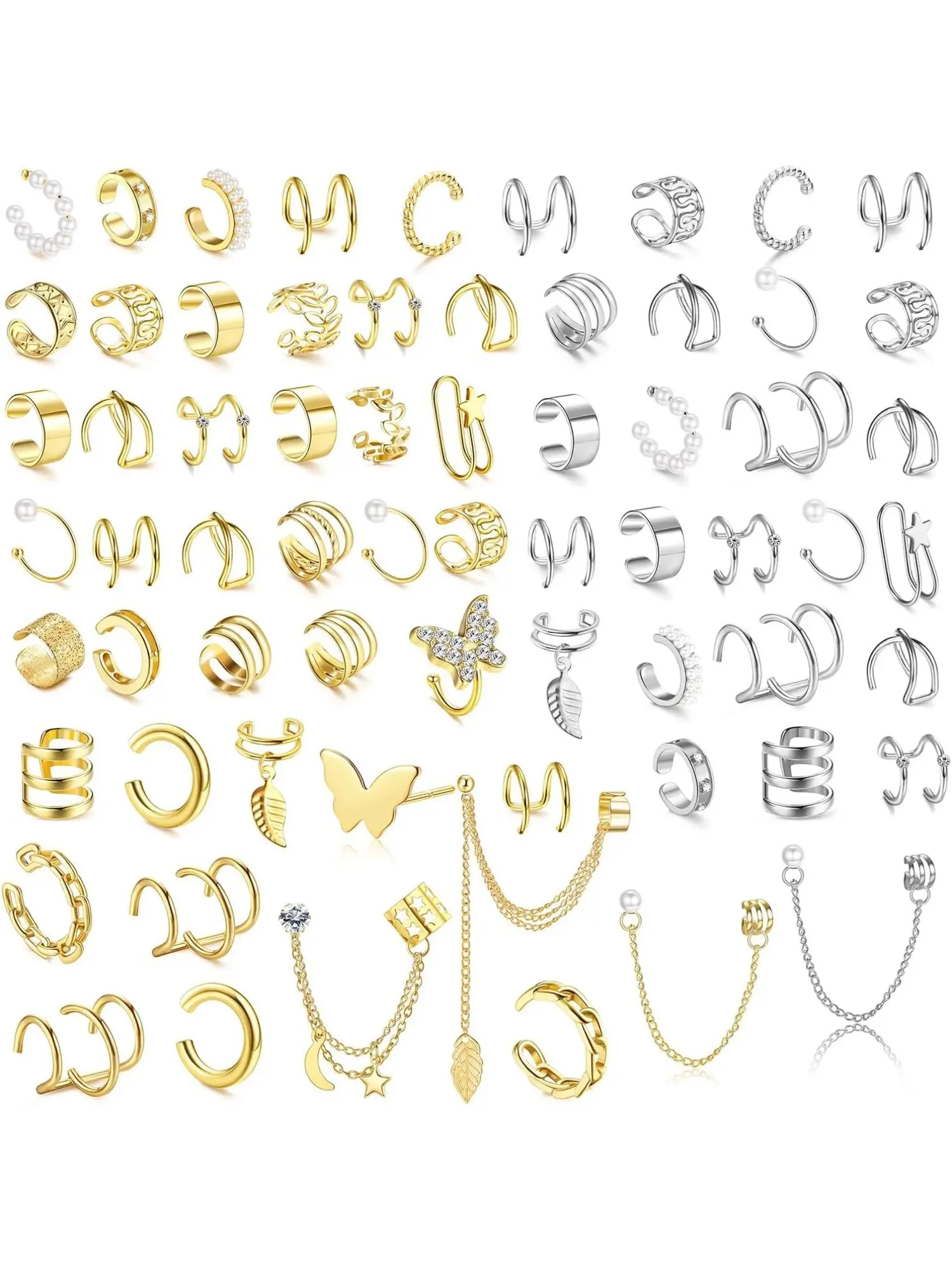 66 Pcs Ear Cuff Earrings for Women Non Piercing, Fake Earrings Silver Clip on Cartilage Earrings for Sensitive Ears Gold Ear Wrap Earrings for Helix Cartilage Butterfly Ear Cuffs Non Piercing