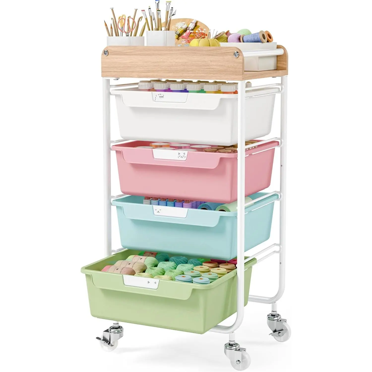 Rolling Craft Storage Cart with 4 Drawers,Utility Cart with Drawers,Art Craft Organizers and Storage,Kids Craft Cart,Kids Art Cart With DIY Lable and Wooden Tabletop Area,Colorful
