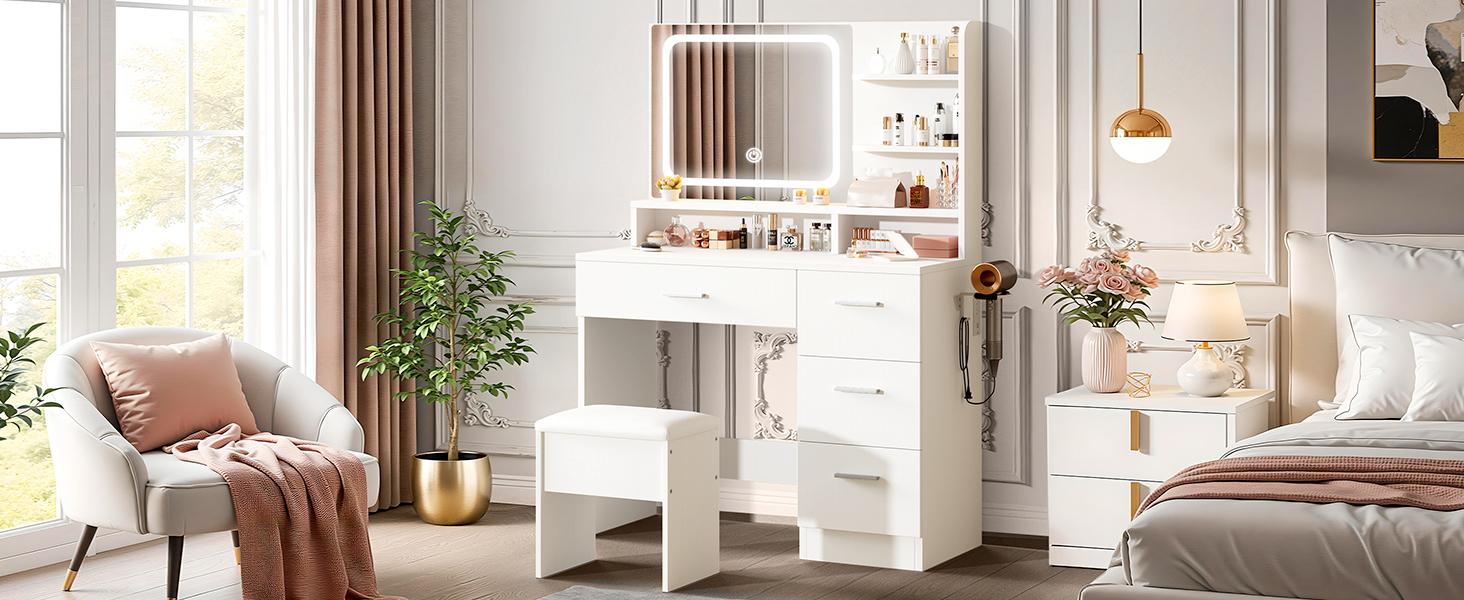 Makeup Vanity Desk with Smart LED Mirror & Charging Station 35.4" White Vanity Table Set with Cushioned Stool 4 Drawers Hairdryer Rack Modern Bedroom Dressing Table White chair light