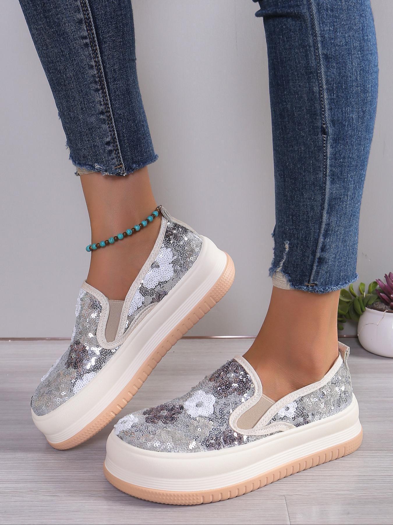 Fashionable Ditsy Floral Pattern Sequin Decorated Slip on Thick-soled Slipon Sneakers, Casual Comfortable Round Toe Low Top Shoes for Women, All-match Commuter Shoes for Work & Daily Wear