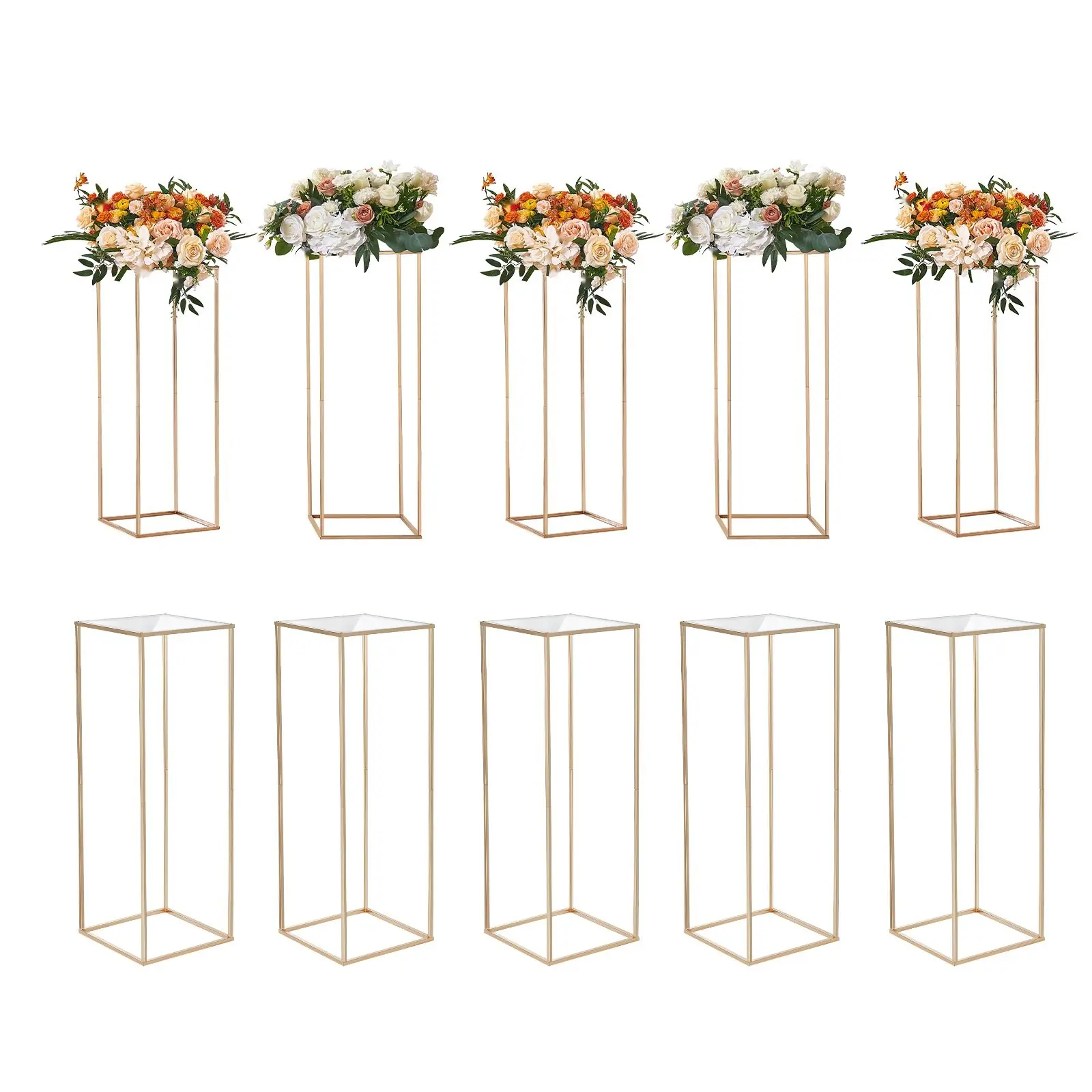 Gold Modern 10-Piece 31.5-Inch High Wedding Flower Stand Set - Iron Frame, Acrylic Laminate Panels, Metal Column Cube Vases, Geometric Centerpiece Racks, Rectangular Floral Display, Tool-Free for Party Decor, Wedding Event, Geometric Look