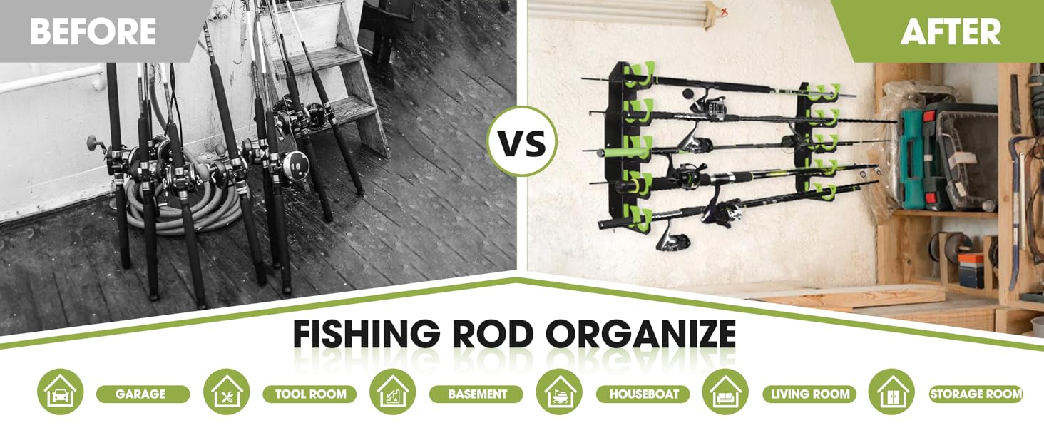 Fishing Rod Holders, Fishing Pole Holders for Garage, Wall or Ceiling Mounted Fishing Rod Rack Holds Up to 10 Rods(2 Pack)