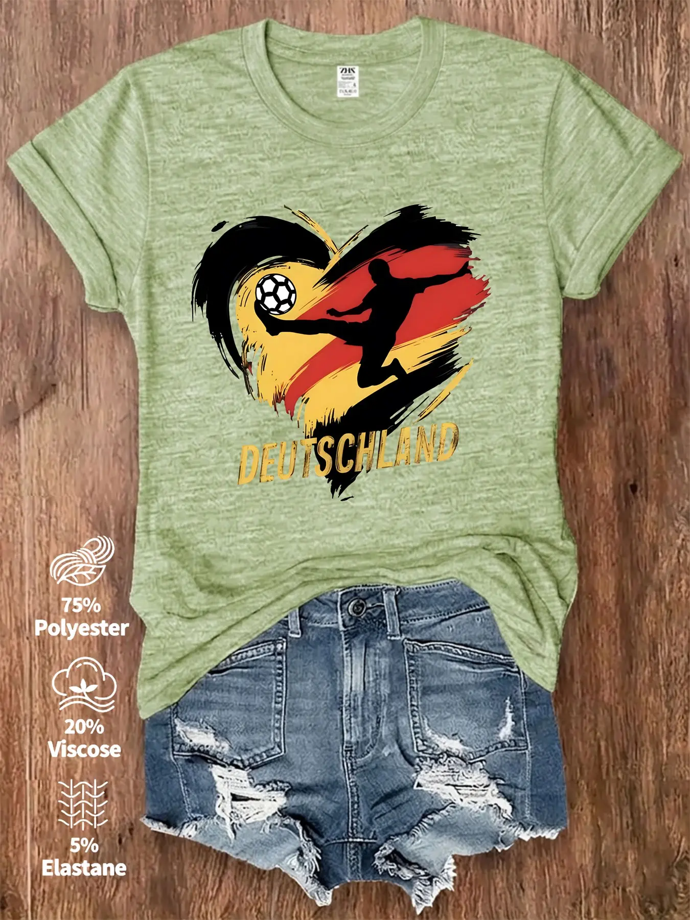 Women Brush Stroke Graffiti Heart Shape Black Red Gold Germany Flag Color Inside Kicking Soccer Player Silhouette Football Bottom Vintage Foil Texture DEUTSCHLAND Text Patriotic Sports Graphic Print Tees European Women Football Fan Match Watching