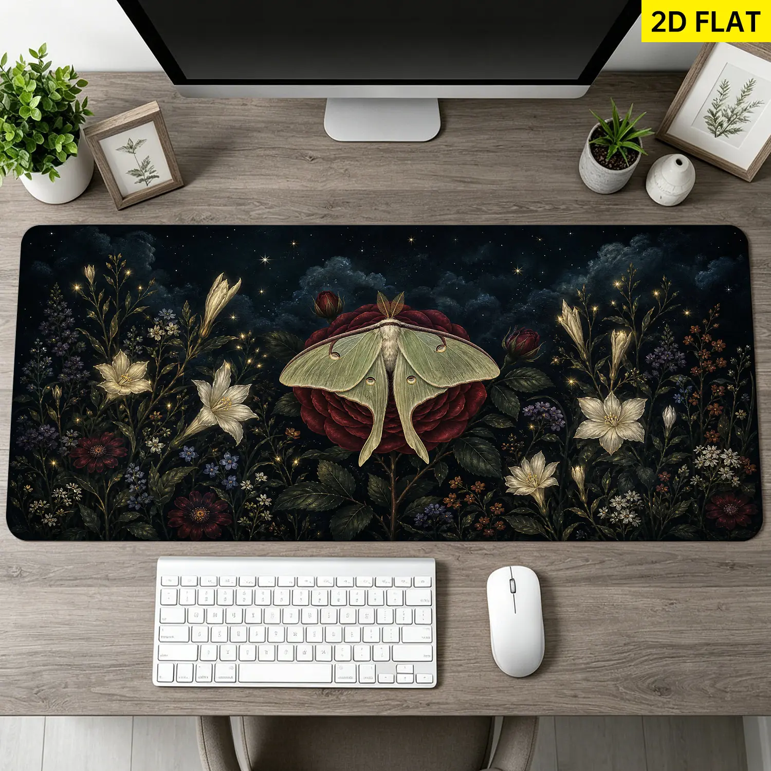 Extra Large Luna Moth and Dark Floral Garden Mouse Pad,Non Slip Rubber Pad,Desktop Decoration Drotection Pad,Washable,Lock Edge Multi Size,Premium Multipurpose Mousepad For Home,Office,Gift for Family and Friends