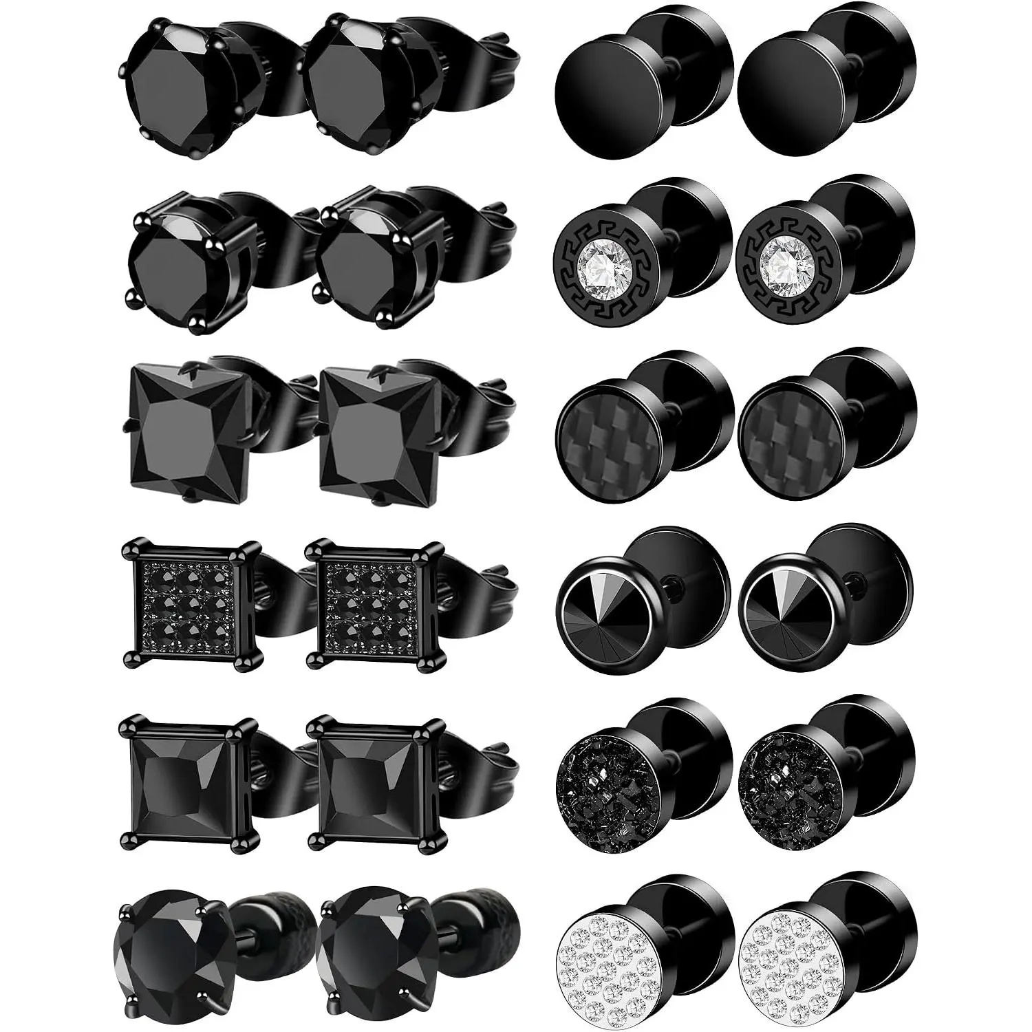 12 Pairs Black Earrings for Men Stainless Steel Mens Earrings Stud  Square Cubic Zirconia Stud Earrings Set for Multiple