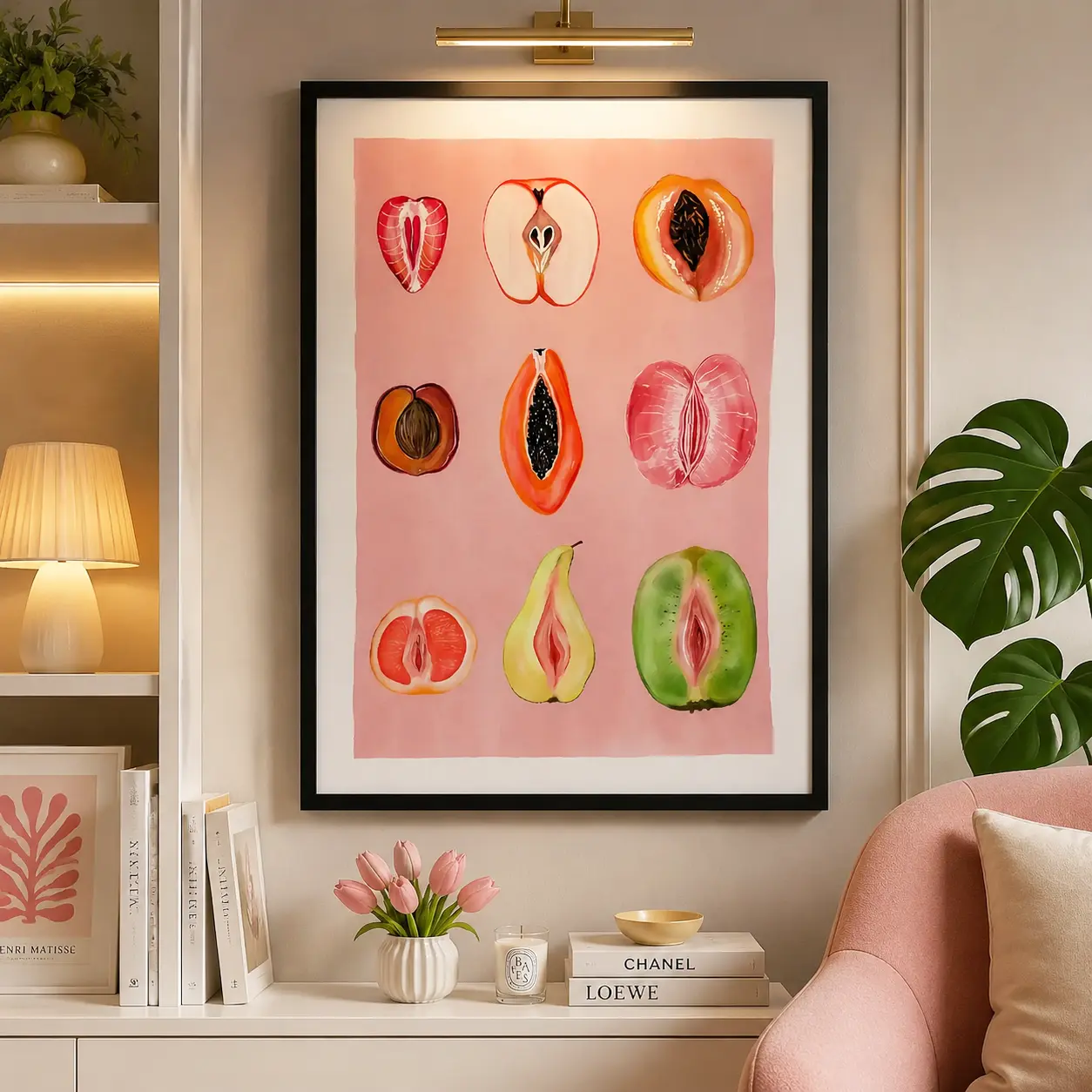 Fruit Wall Art Canvas Print,Modern Botanical Poster,Pink Aesthetic Kitchen Decor,Minimalist Home Artwork, Bedroom Living Room Wall Decoration