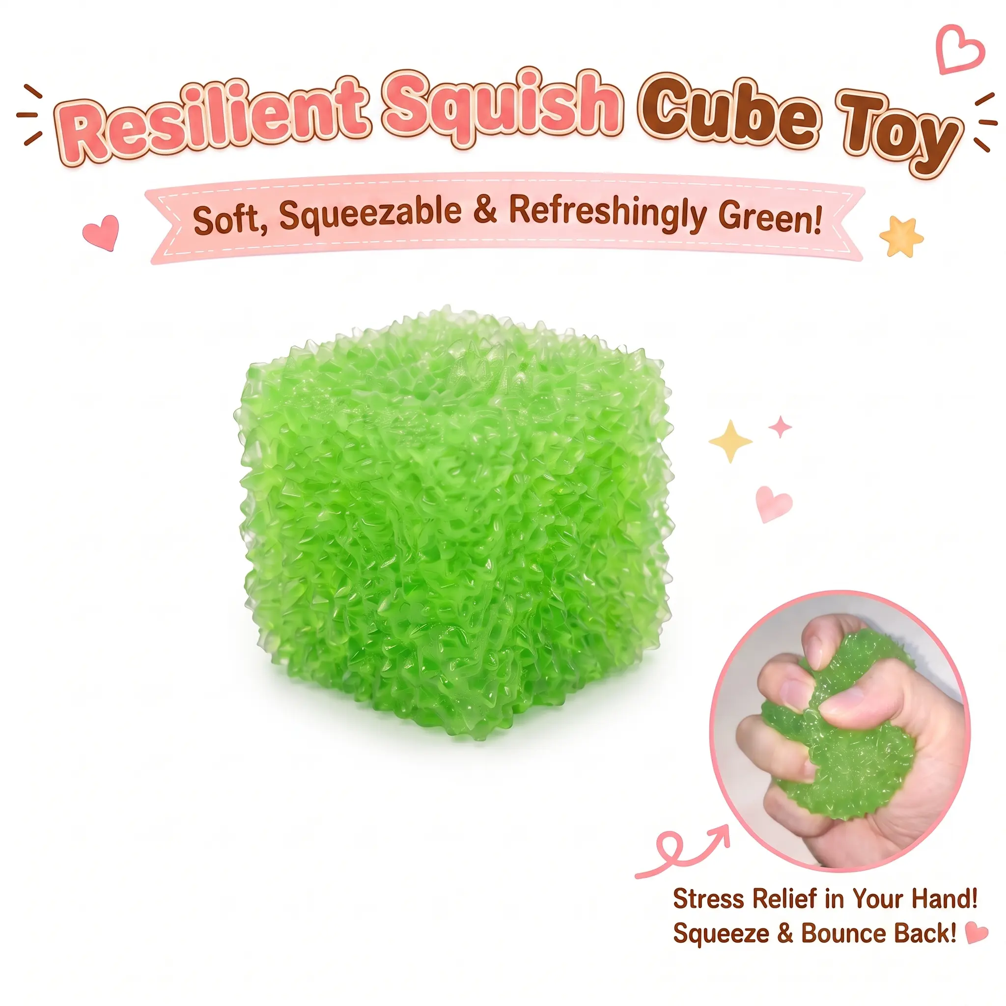 Squish Cube Stress Relief Toy, Resilient 3D Textured Sensory Fidget Cube, Tear-Resistant TPR Squeeze Toy For Adults Kids, Pocket-Sized Anxiety Relief Desk Toy For Office School ADHD Autism, Non-Deforming Bounce Back Fidget Ball-YY0