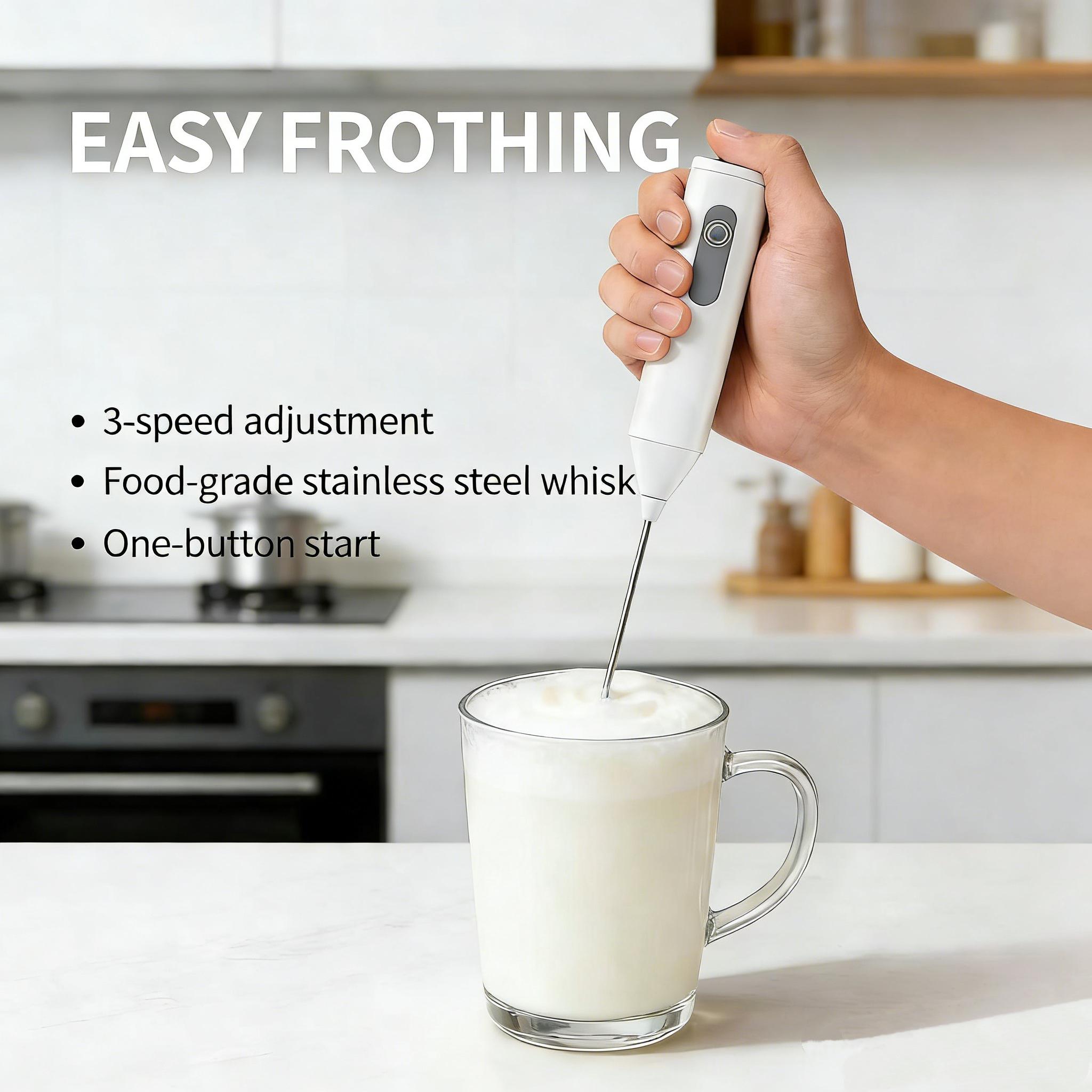 Milk Frother Wand Rechargeable Handheld Drink Mixer, USB-C Electric Whisk with Stainless Steel Whisk for Coffee, Lattes, Cappuccino, Matcha, Hot Chocolate&Creamer