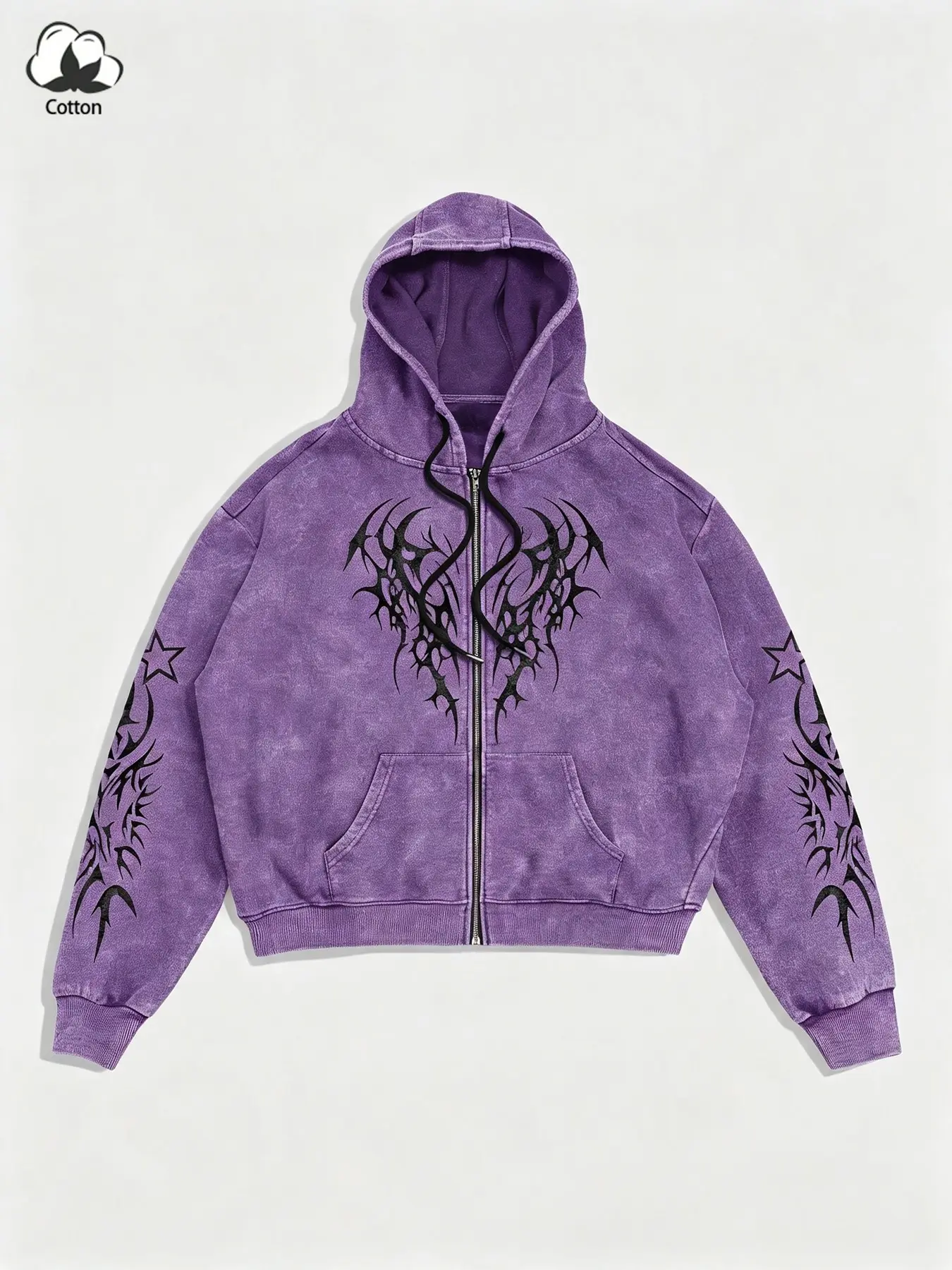 Vintage Washed Purple Cropped Zip Up Hoodie, Thorn Totem & Star Print Gothic Cropped Hooded Jacket Multiple Colors