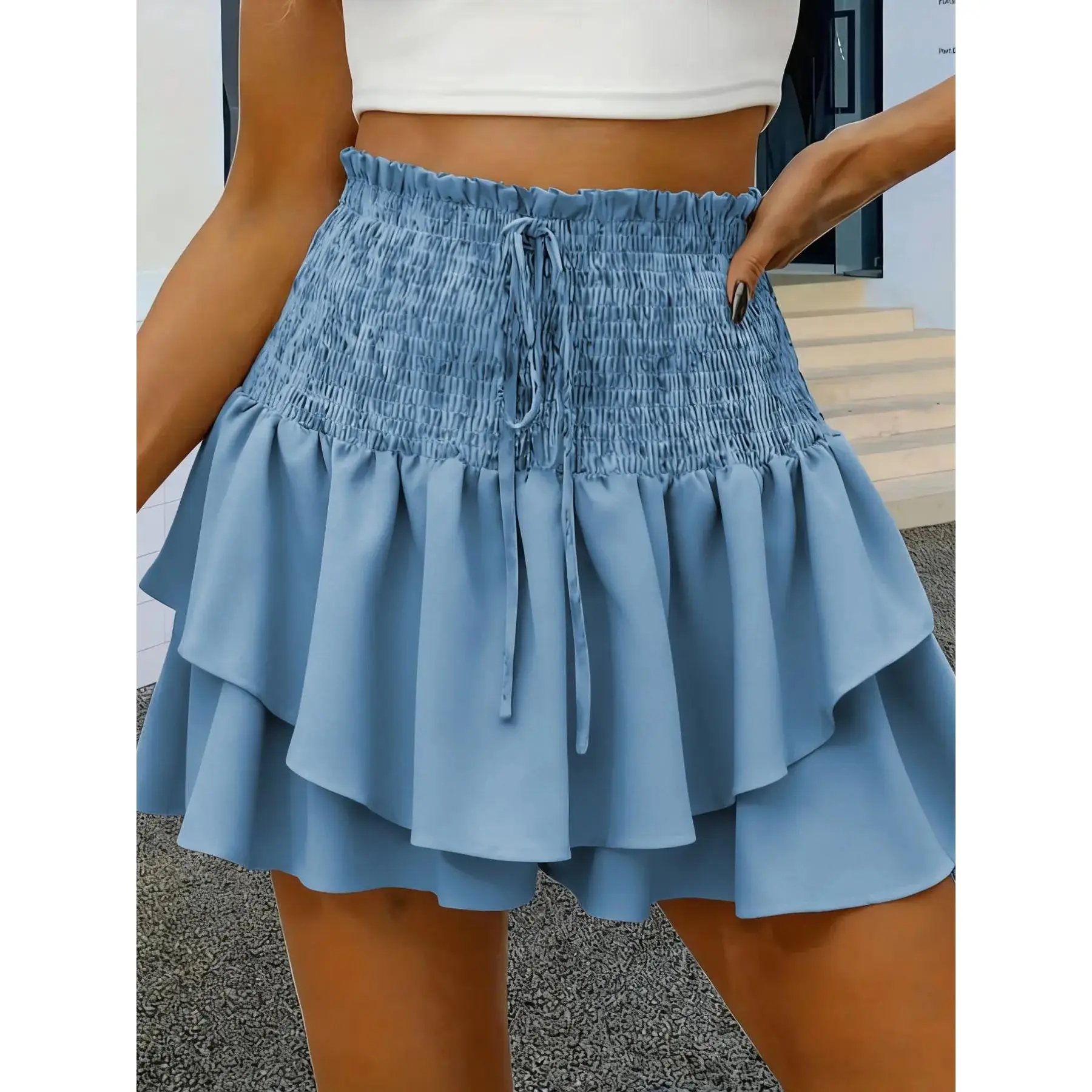 DB Women's Spring Summer Solid High-Waist Drawstring Skort - Ruched Waist, Short Length, Standard Sizes, Layered Casual Bottoms for Daily Wear, Polyester Blend, Solid Color