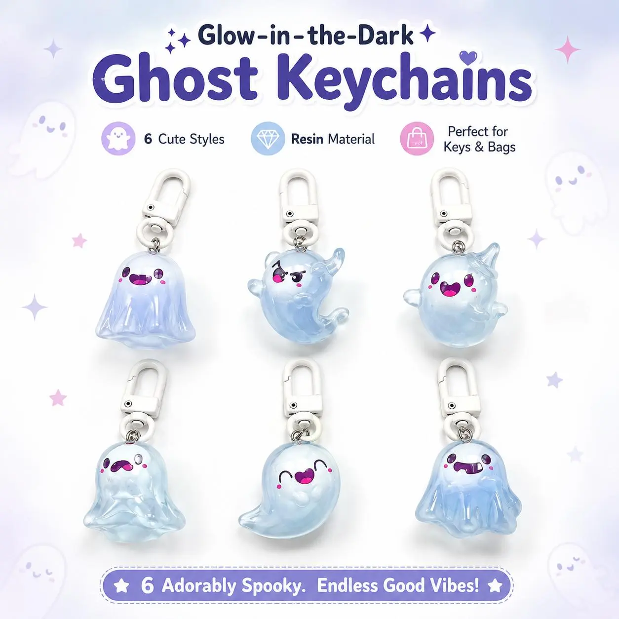 Glow-in-Dark Luminescent Halloween Ghost Resin Keychains - 3D Cartoon Accessories, Small Durable Metal Ring, Portable Party Favors, Set of 6/12 Home Decor Statues & Figurines