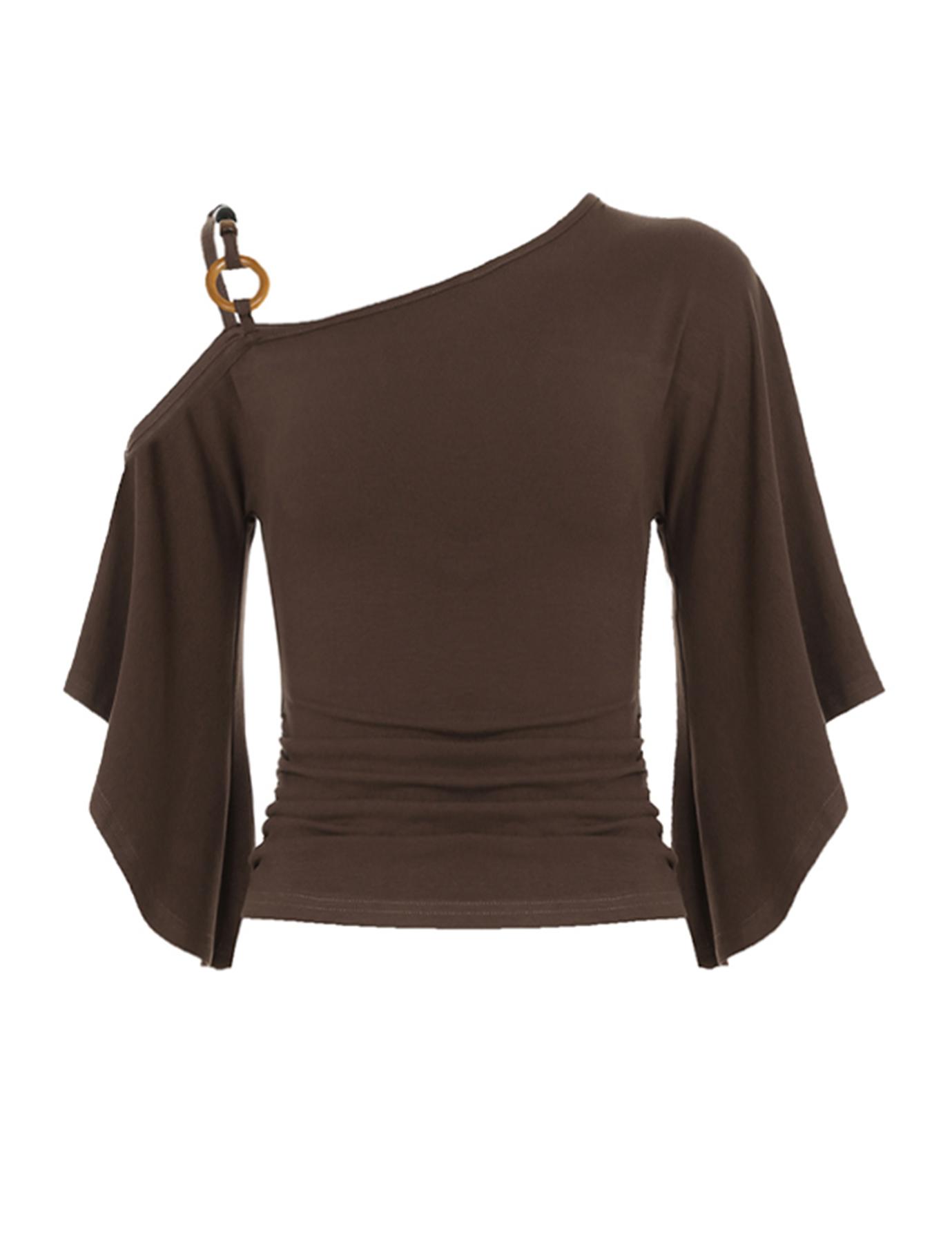 Women's Retro Ethnic Style Beaded Asymmetrical Shoulder Flounce Sleeve Flared Top, Slim-Fit Spring & Fall Fashion, Moderate Fabric