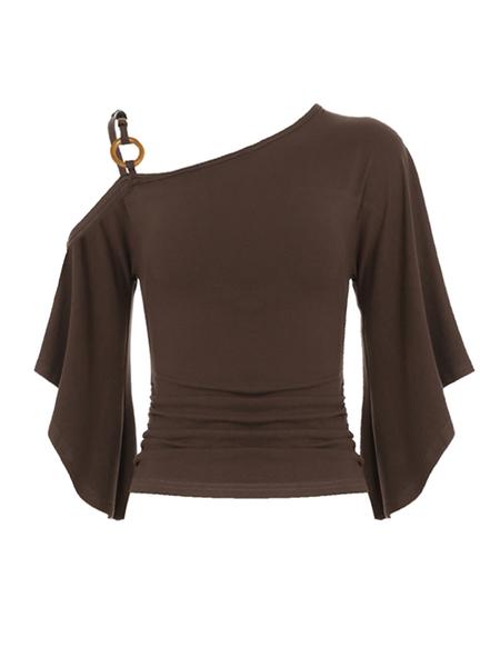 Women's Retro Ethnic Style Beaded Asymmetrical Shoulder Flounce Sleeve Top Blouse, Slim-Fit Spring & Fall Fashion, Moderate Fabric