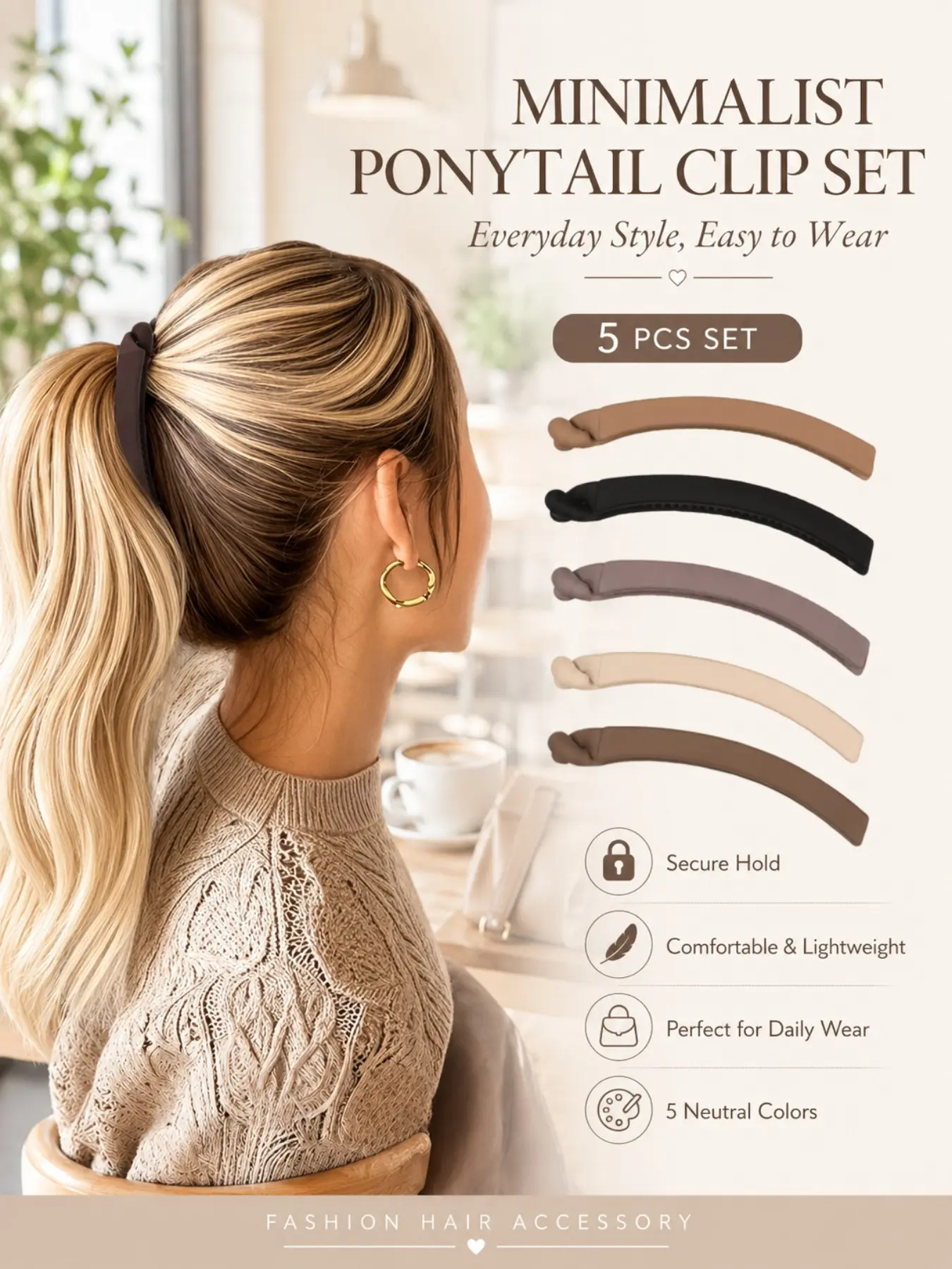 5-Piece Matte Banana Hair Clip Set for Women, Sweet Elegant Non-Slip French Barrette Clips for Ponytails, Buns and Half-Up Hairstyles, Daily Party Travel Hair Accessories