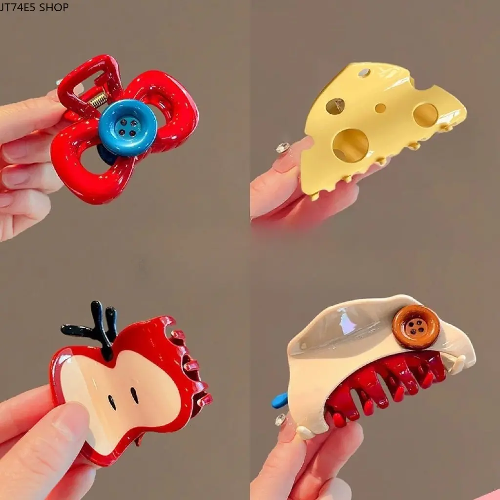 Designer Style Button Hair Claw, Fashion Red Triangle Shark Clip, Color Matching Hair Grab for Half-Up Hairstyle