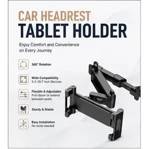 Backseat Car Headrest Tablet Holder 360 Degree Rotating Mount for iPad Phone 5.3 to 12.9 Inch Adjustable Stable Easy Install