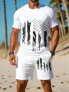 Men's digital print two-piece set, men's crew neck short-sleeved t-shirt and shorts set, breathable sporty and casual style, the perfect holiday gift for men.