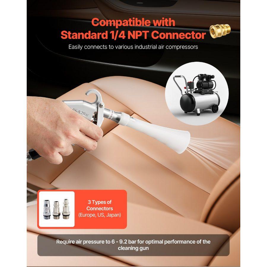 VEVOR Car Cleaning Gun, 6-9.2 Bar High-Pressure Air Blow Gun with 2 Set Nozzles, 360 Rotating Nozzle for Thorough Cleaning, Quickly Blasts Dirt and Dust from Surface, with 1/4 NPT Air Compressor