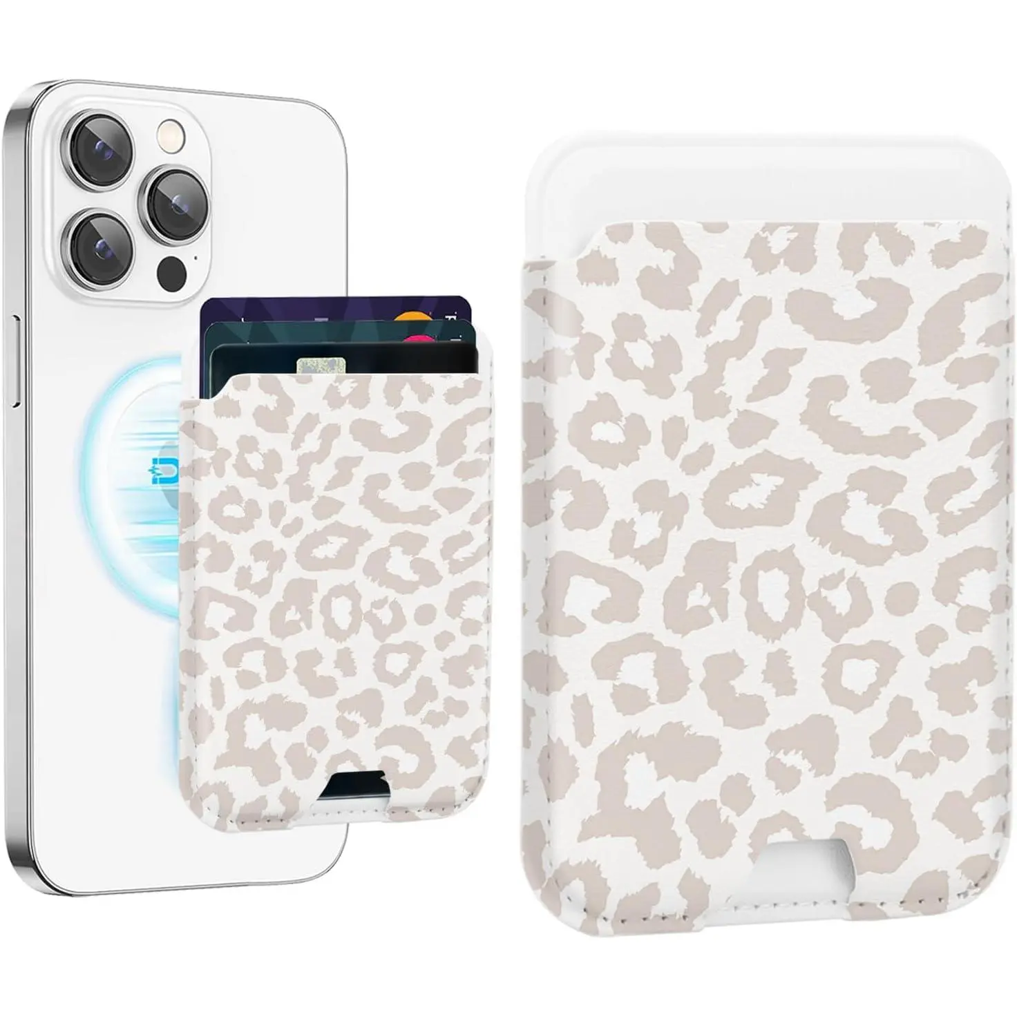 Upgraded  Cell Phone Wallet Card Holder-Compatible with MagSafe for  17/16/15/14/13/12 Series, Leather  Phone Wallet (Beige Leopard)