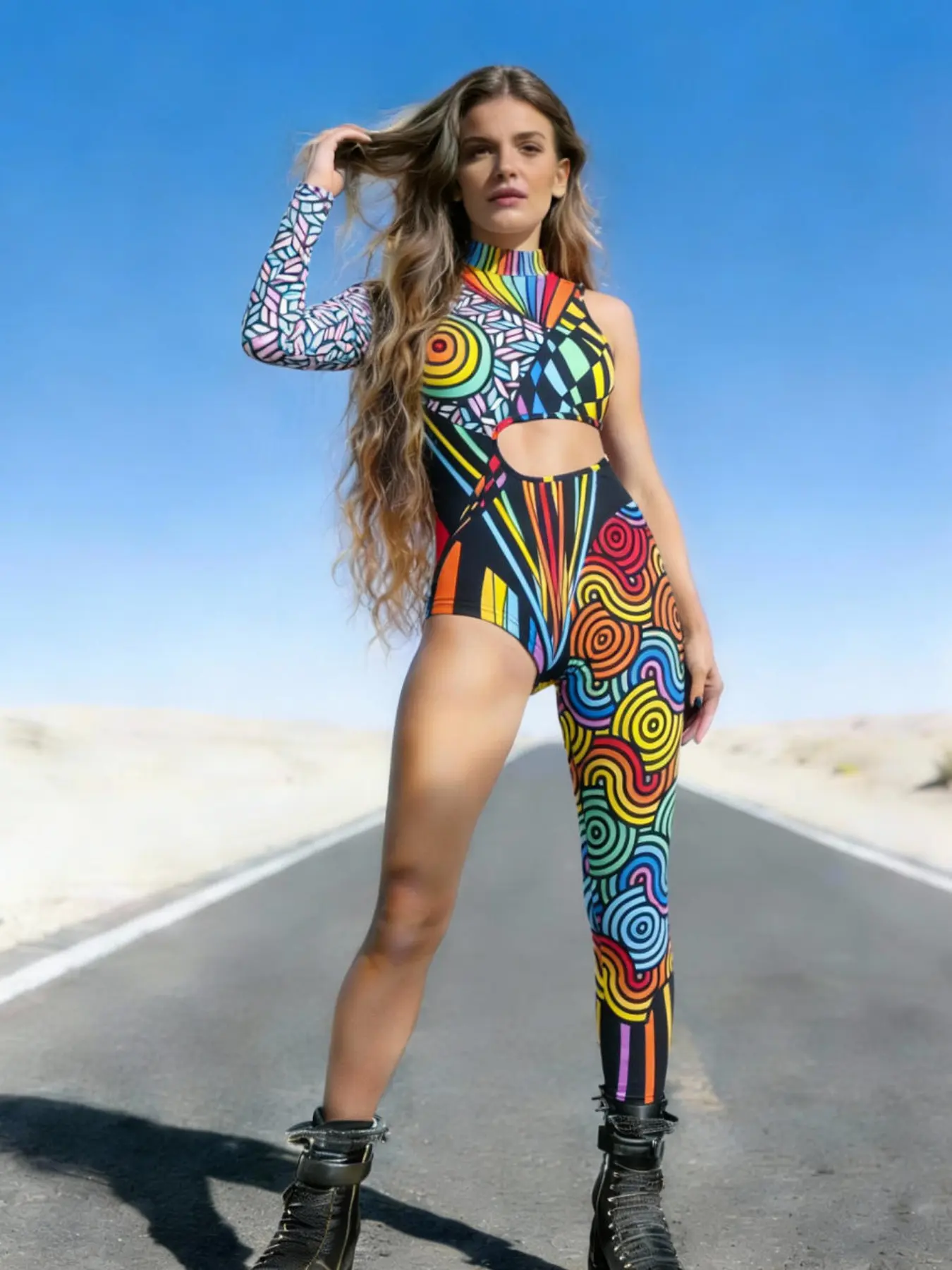 Colorblock Striped Asymmetrical One-Shoulder Bodysuit, Halloween Music Festival Beach Party Stage Costume, Sexy Nightclub Style Outfit