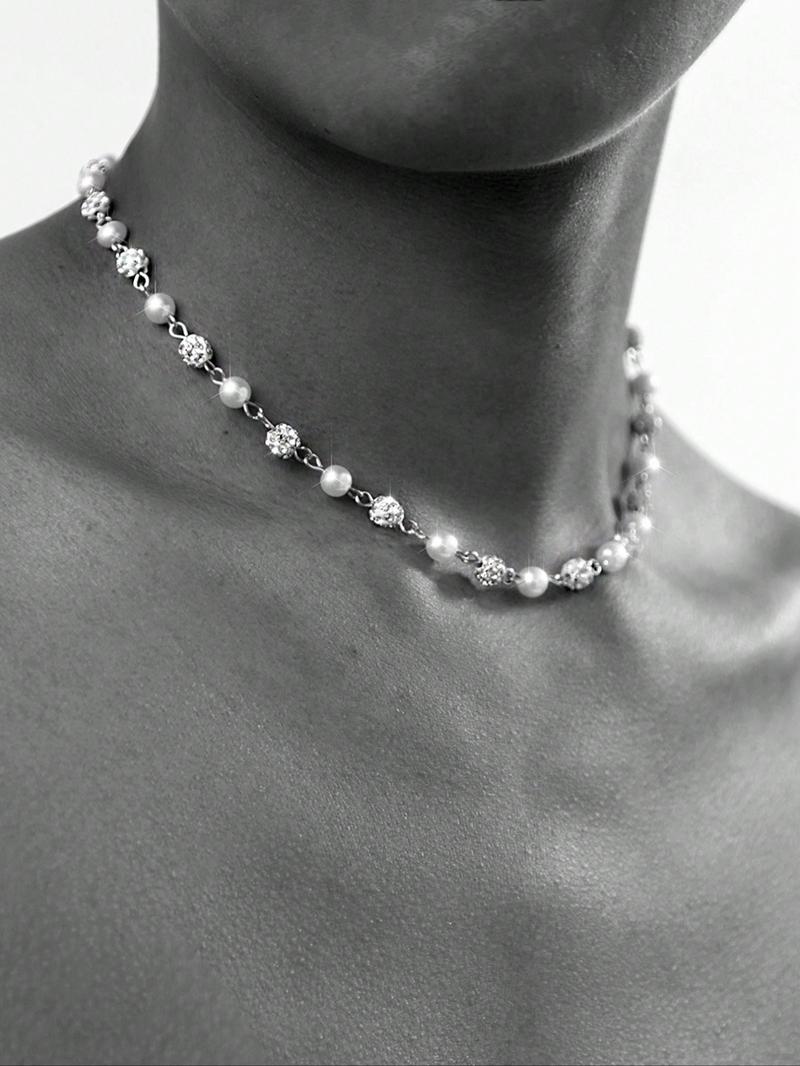 Faux Pearl & Rhinestone Decorated Necklace, Elegant Rhinestone Necklace, Punk Style Jewelry for Party, Daily Clothing Decor, Trendy All-match & Exquisite Jewelry for Birthday Gift