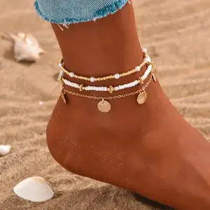 Simple design alloy shell pendant rice bead anklet retro versatile personality multi-layer vacation feet, suitable for summer beaches