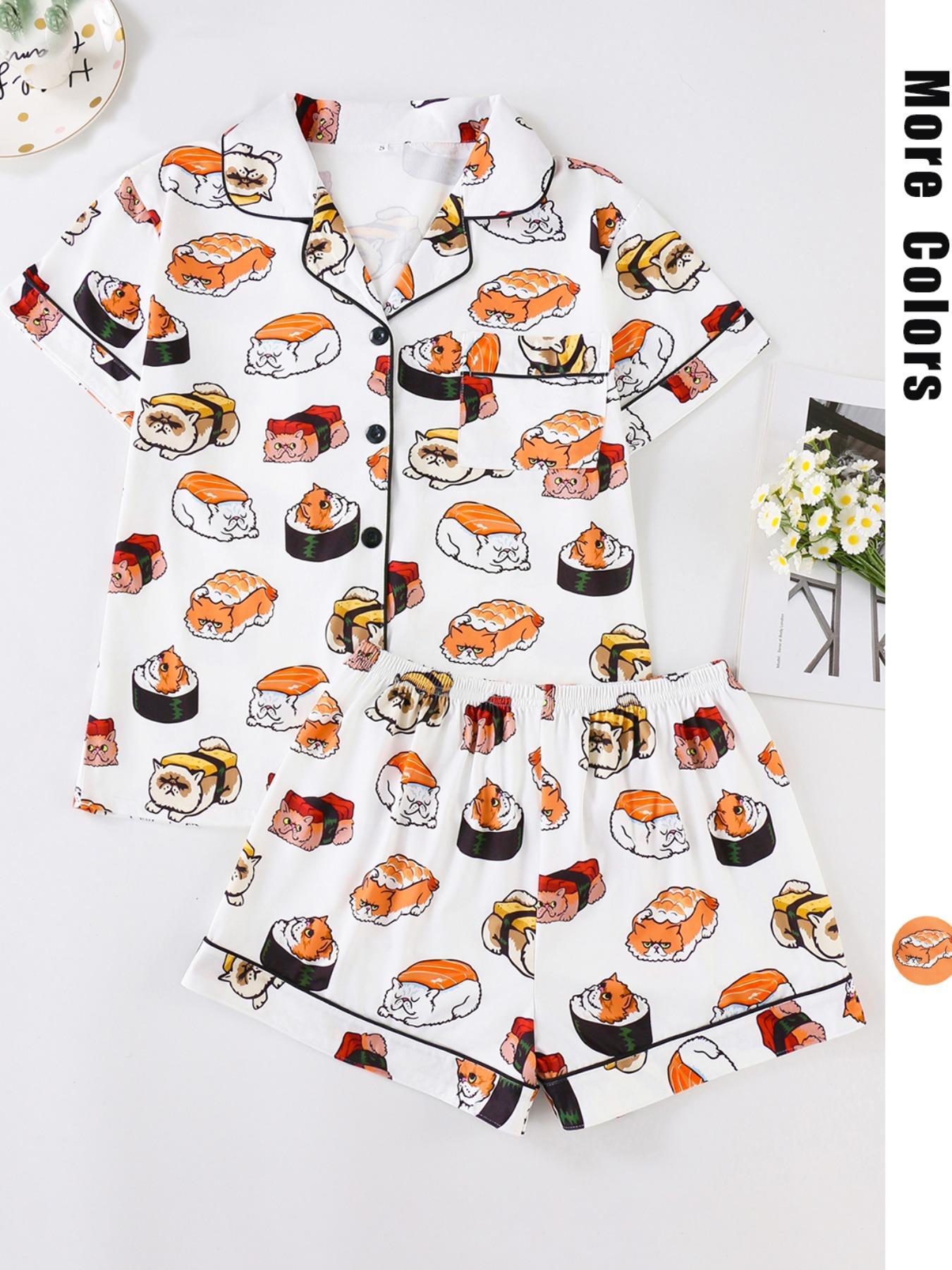 Women's All Over Cartoon Cat Print Short Sleeve Pajama Two-Piece Set, Regular Fit Casual Comfy Shortsleeve Button Front Chest Pocket Design Lapel Neck Top & Elastic Waist Shorts PJ Set, Ladies Sleepwear for All Seasons