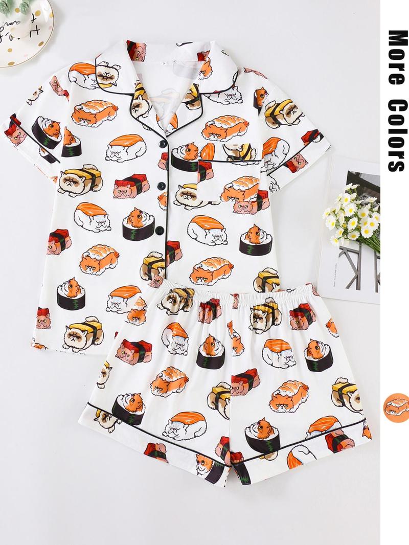 Women's All Over Cartoon Cat Print Short Sleeve Pajama Two-Piece Set, Regular Fit Casual Comfy Shortsleeve Button Front Chest Pocket Design Lapel Neck Top & Elastic Waist Shorts PJ Set, Ladies Sleepwear for All Seasons