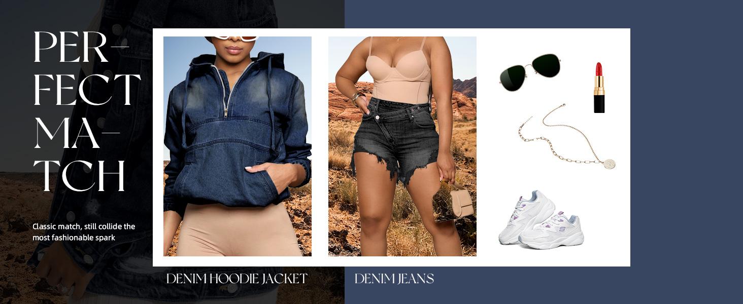 2026 Women's Half Zip Denim Hoodie Pullover Jackets Jean Tops