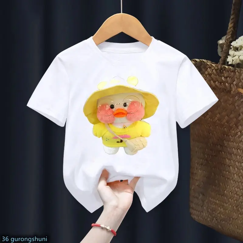 New Hot Lalafanfan T Shirt Cartoon Cafe Kawaii Duck Plush Toy Print Birthday Gift T-Shirt Funny Boys/Girls Tshirt Tops