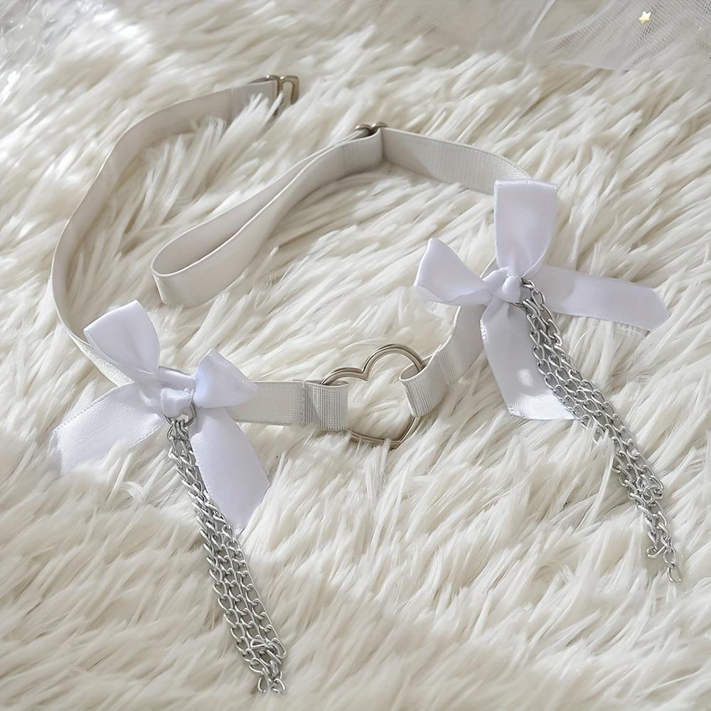 Women's Wedding Garter with White Bow, Tassel, Body Chain, Heart-Shaped Ring, Adjustable Body Harness for Dance Carnival Costume Accessories