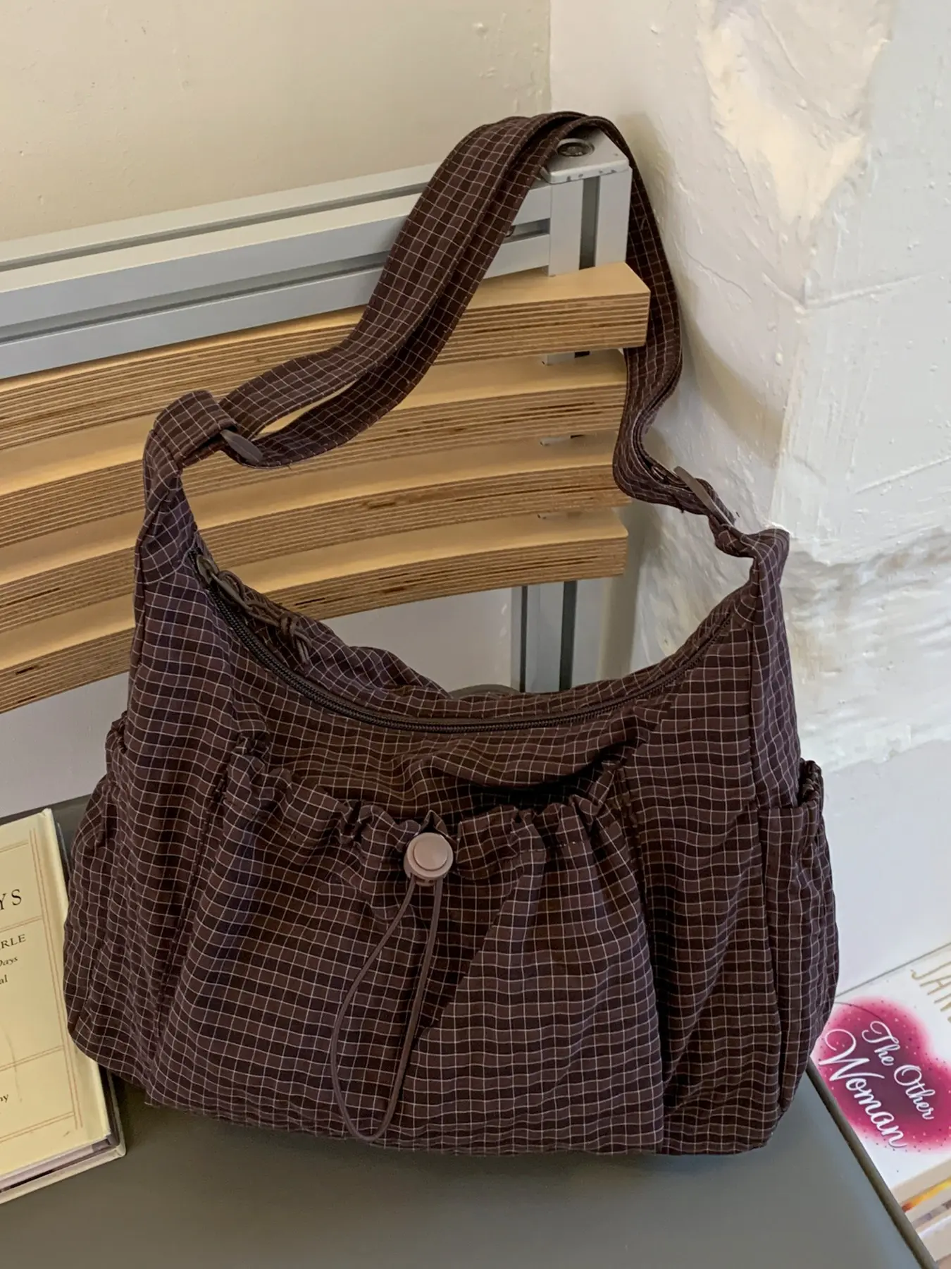 Plaid Drawstring Crossbody Bag, Casual Versatile Pleated Lightweight Large Capacity Backpack, Sports Outdoor Bag, Casual Fashion Bag
