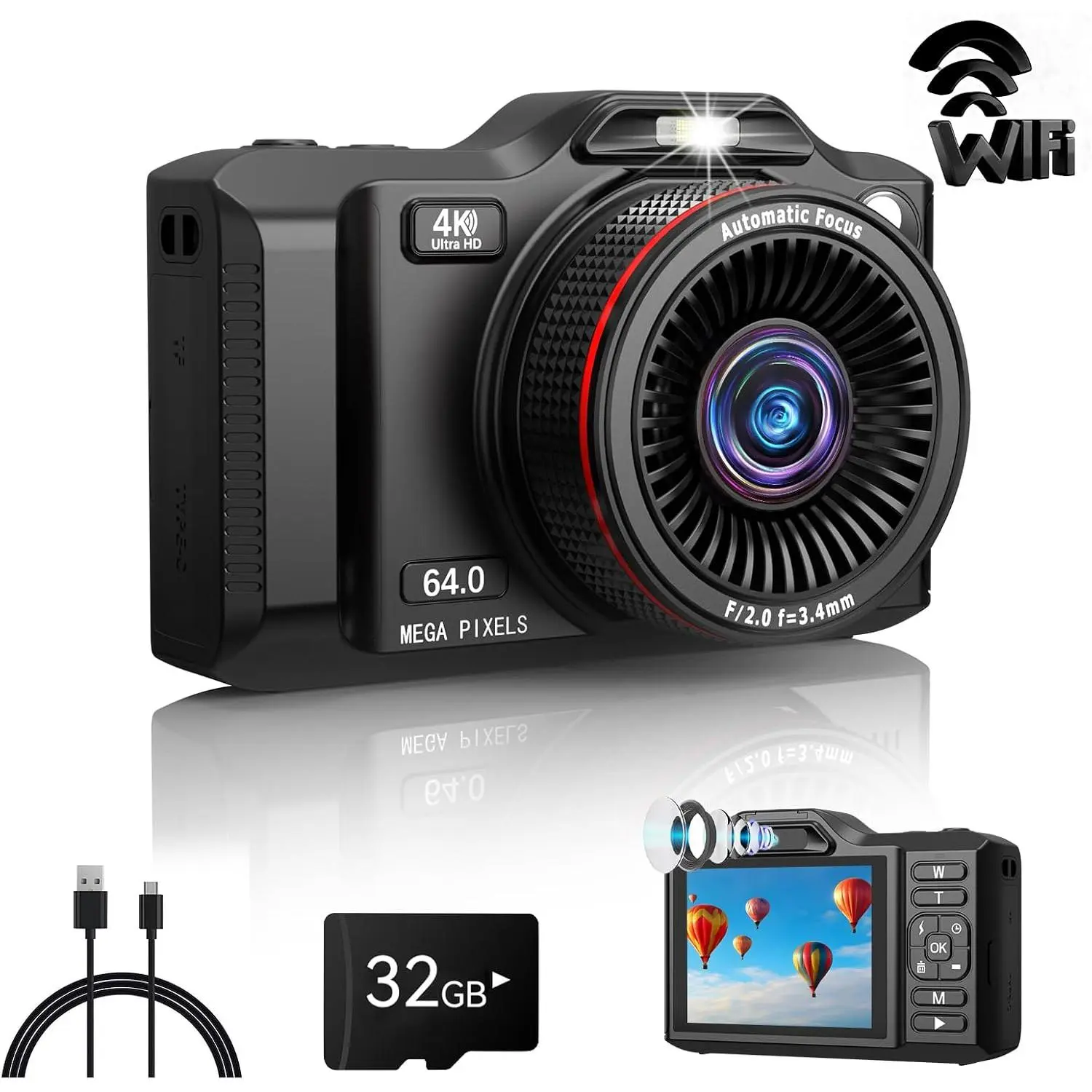 Digital Camera,4K 64MP Autofocus Vlogging Camera with  Lens,18X Zoom/WiFi/32GB Card/,Point and Shoot Cameras for Boys Girls Gifts (XJ600-Black)