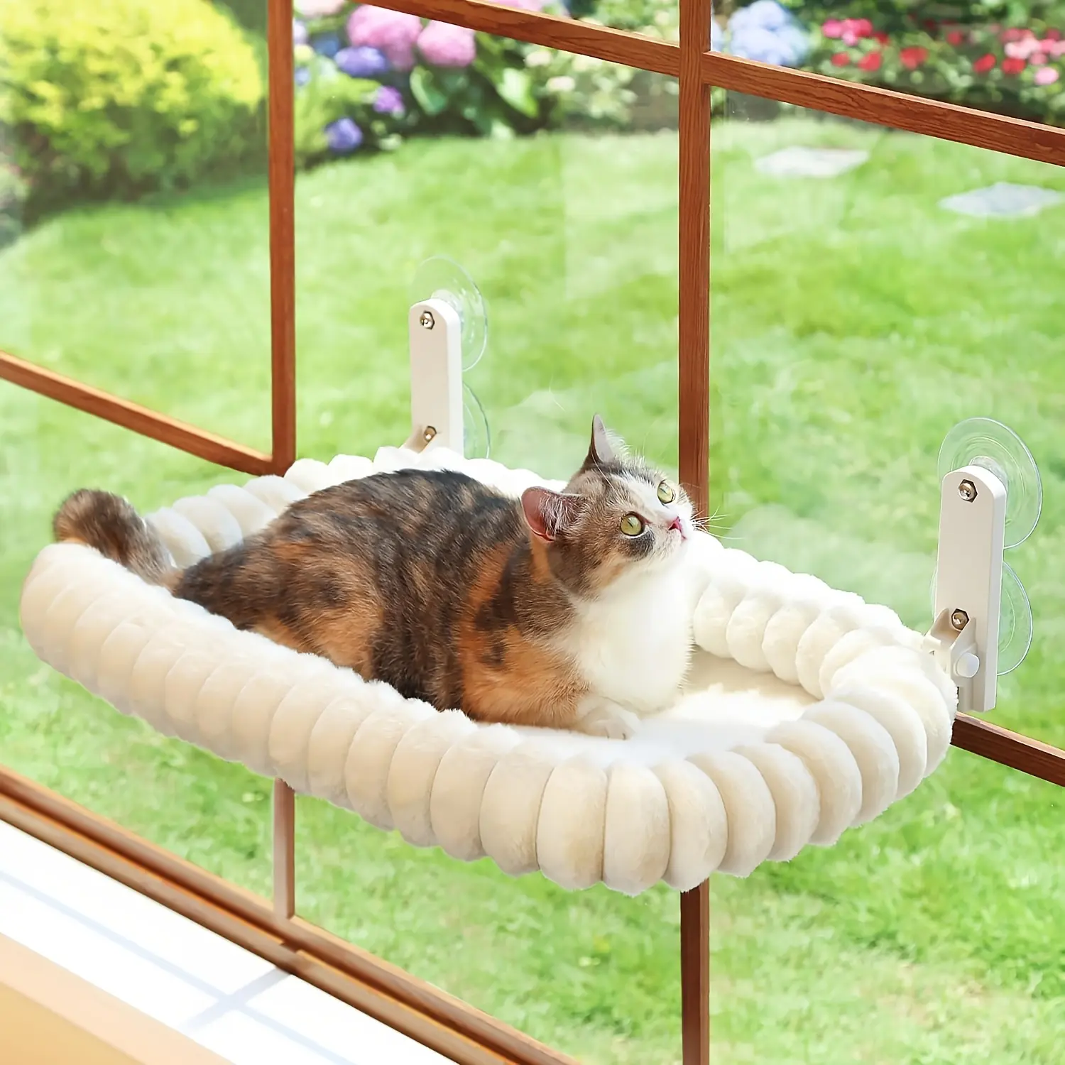 Foldable Cat Window Perch with Metal Frame, Soft Washable Cat Hammock Bed, 4-Sided Cushion Support, Cordless Design for Large Cats & Kittens