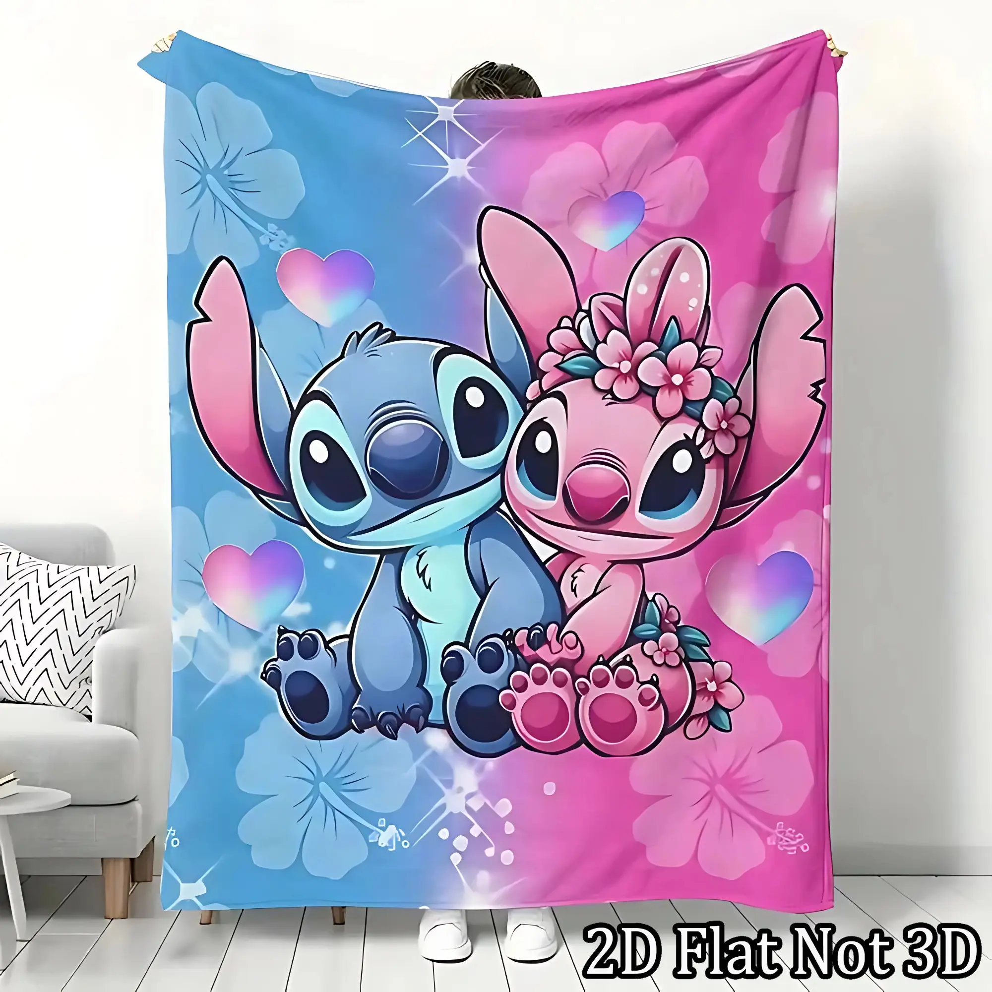 Stitch & Angel Flannel Blanket - Soft, Warm, Lightweight with Vibrant Cartoon Design, Sofa, Bed, Office, Blanket for Couch