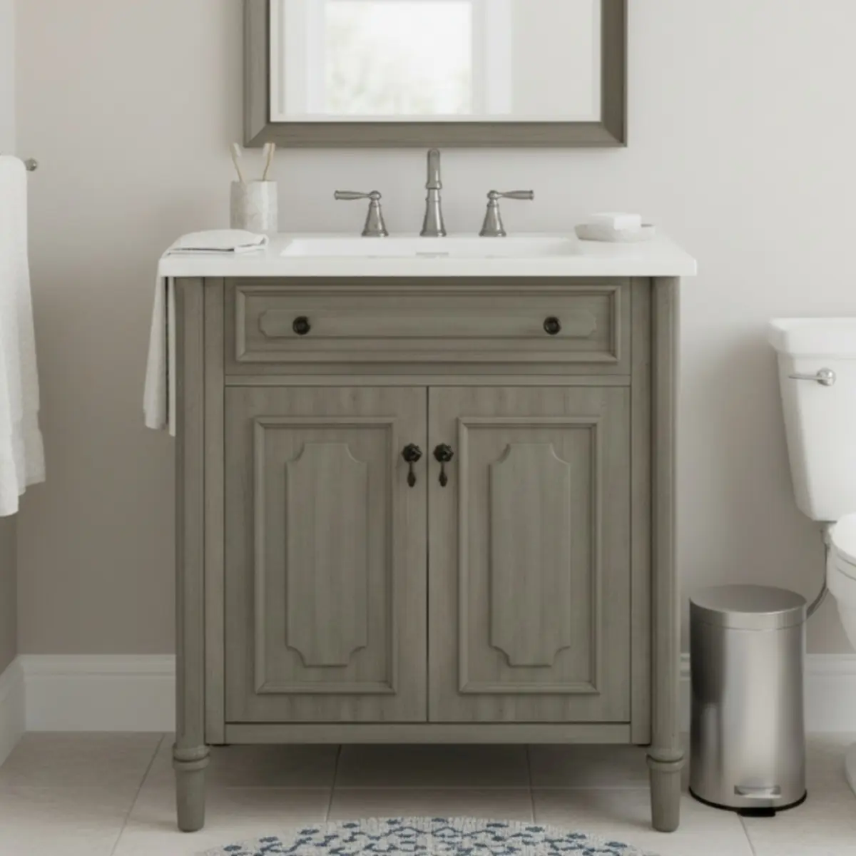 AobtkelChristopher Knight Home® 30 Inches Vintage Bathroom Vanity with Sink, Rustic Bathroom Cabinet with Soft Close Doors and Adjustable Shelf, Curved Profile Design, Rubber Wood Legs, Gray    RR