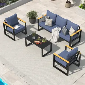 Aluminum Patio Sofa Set with Coffee Table – 4-Piece Sectional Seating – Removable Thick Cushions – Modern Outdoor Conversation Furniture – For Poolside, Balcony, Deck