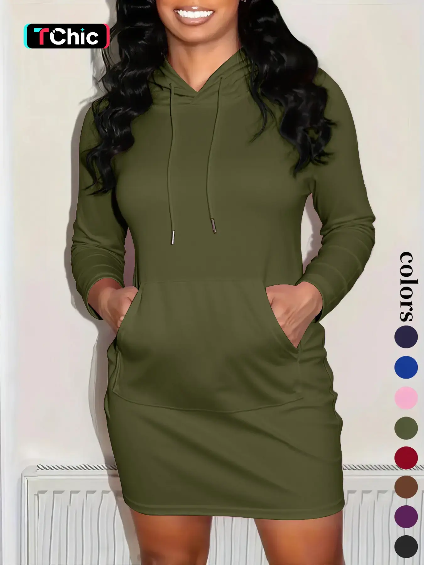 2026 European and American Style Fall Winter New Basic Casual Fashion Plain Hooded Sweatshirt Dress, Long Sleeve Slim-Fitting Short Dress