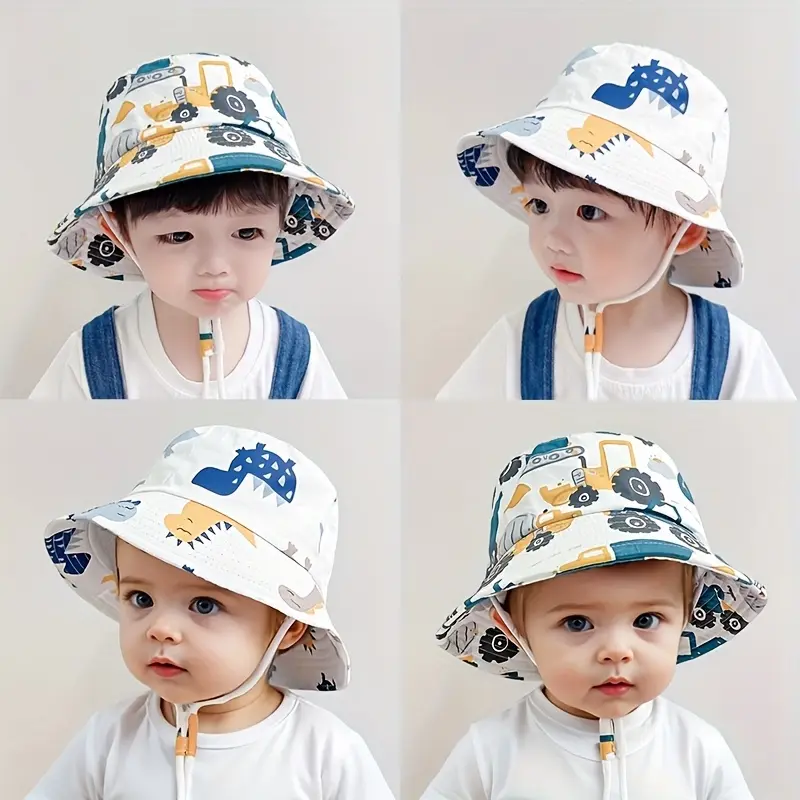 Kids' Lightweight UPF Bucket Hat with Adjustable Drawstring - Stretch Fit Summer Outdoor Hat for Boys & Girls, Animal Excavator Print & Colorful Patterns, All-Season Beach & Thanksgiving Accessory, Hat, Holiday Accessory, Playful Design, Breathable Fabric