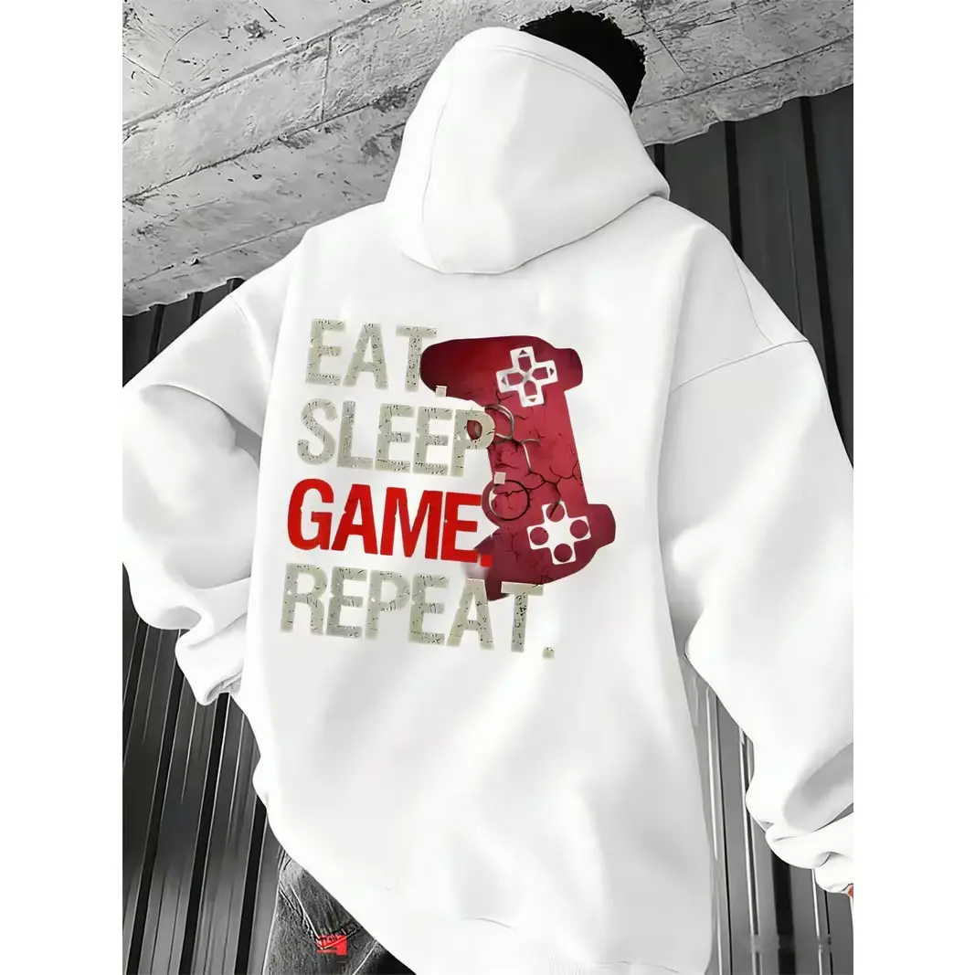 Red Game Controller Graphic Oversized Comfort Cotton White Hoodie, Eat Sleep Game Repeat Fashion Outfit, Perfect Valentine Gift For Gamer Boys Men, Best Holiday Present For Gaming Friends Him