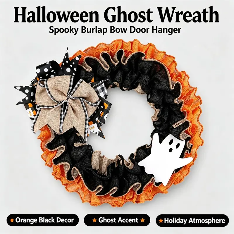 Halloween Ghost Wreath With Burlap Bows, Spooky Front Door Hanging Decor, Ghost Pumpkin Wreath For Fall Harvest, Halloween Party & Christmas Holiday Window Porch Ornament