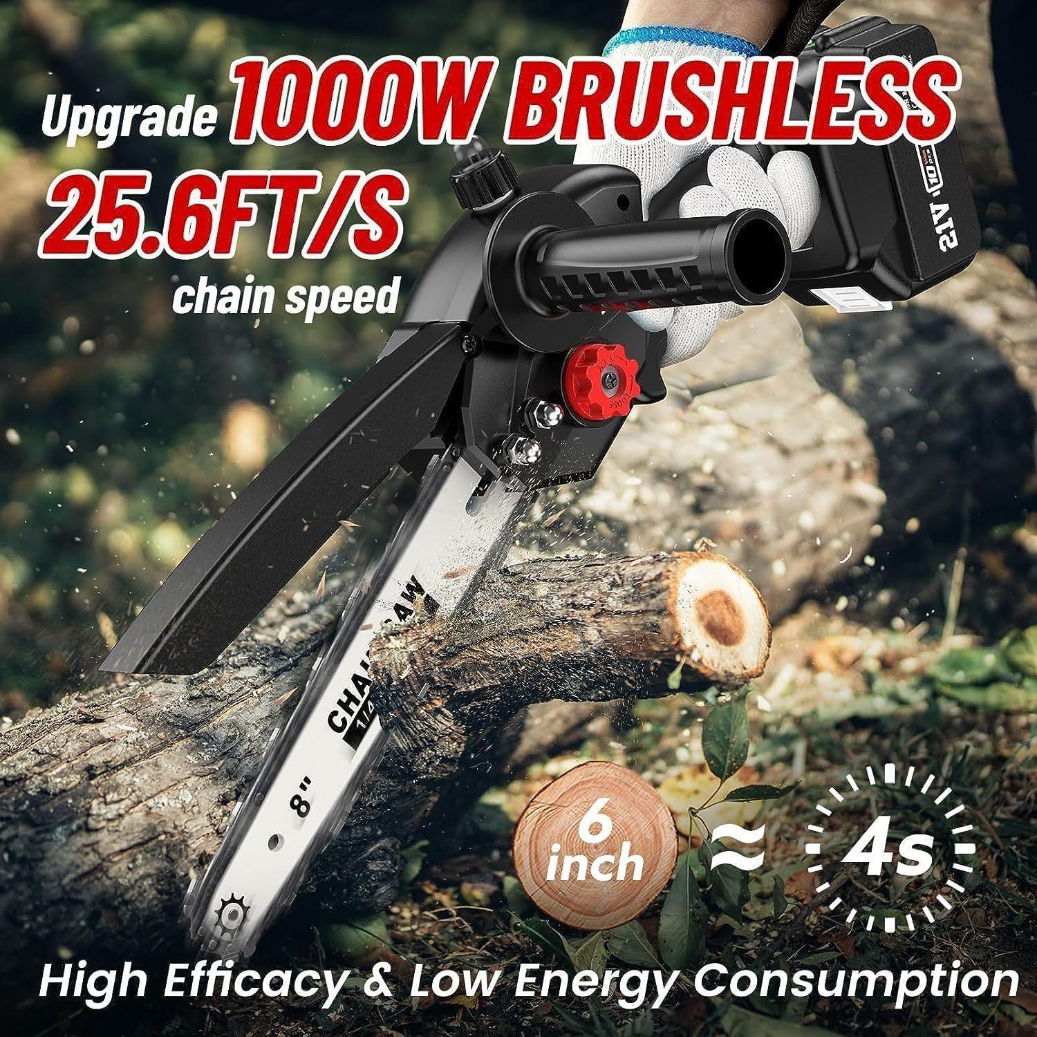 Seesii Mini Chainsaw 8-Inch, Cordless Battery Chainsaw with Extra Grip, Brushless Chainsaw with Automatic Tanker, 2 21V 2000MAh Batteries, Handheld Chainsaw for Tree Pruning and Cutting
