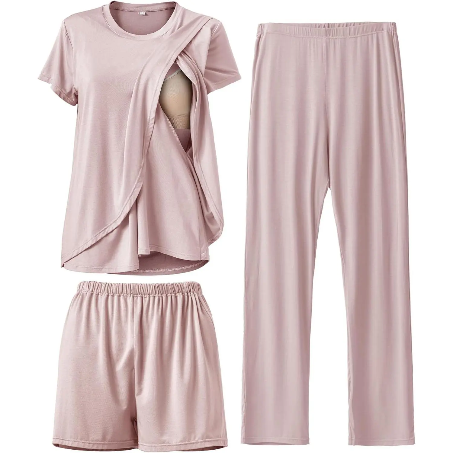 Women's 3-Piece Maternity Nursing Pajamas Set, Casual Soft Crew Neck Breastfeeding Sleepwear, Layered Loungewear, Maternity Clothing, Pregnancy Stuff, Gifts for Women, Maternity Nursing Tops, Nursing Apparel