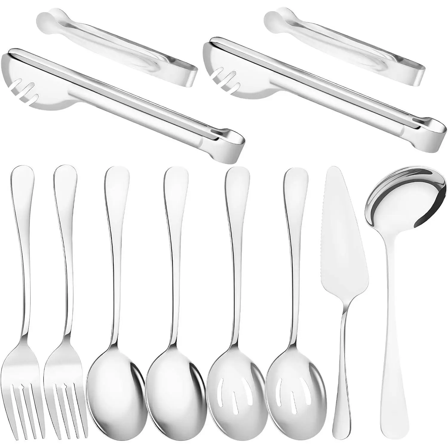 12 count  Serving Utensils Set - Stainless Steel Large Serving Spoons, Slotted Spoons, Forks, Tongs, Soup Ladle & Pie Server - Metal Buffet Utensils for Parties, Catering, Wedding, Dishwasher Safe