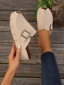 Women's Metal Buckle Thick Sole Mules, Slip-On Leather-Look Wedge Sandals, //, Outdoor Casual Footwear