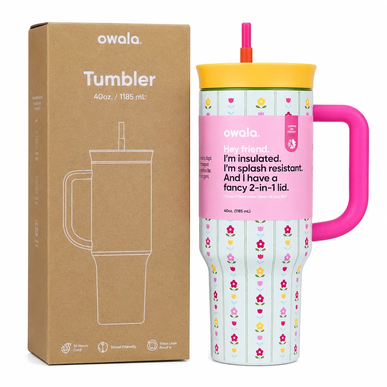 Owala 40oz Tumbler with Handle and Straw, Insulated Splash Resistant Travel Cup, Pink Floral Water Mug