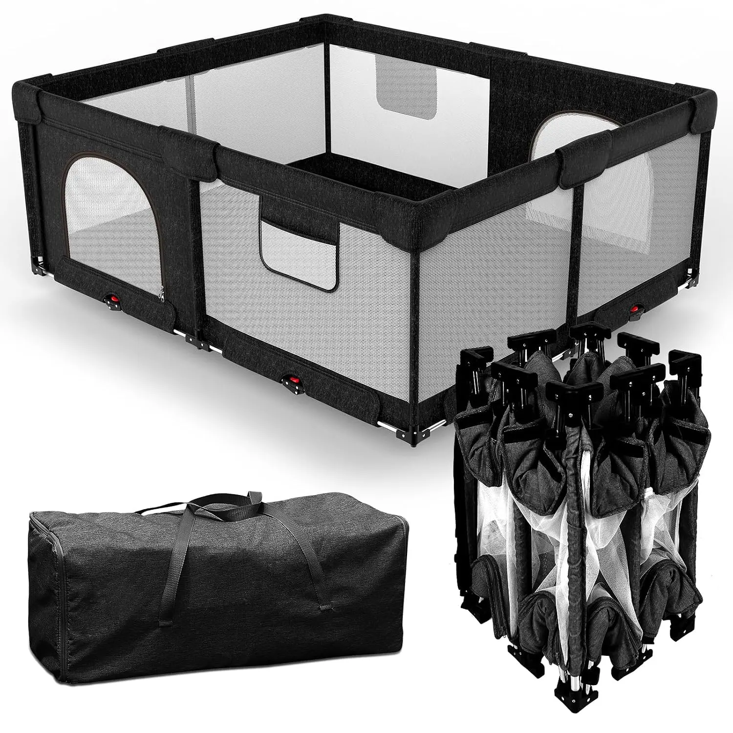 Foldable Baby Playpen with Gate, Extra Large Collapsible Play Yard  Babies & Toddlers, Portable Travel Playpen, Baby Activity Center  Indoor & Outdoor Use (Black 59"*71")