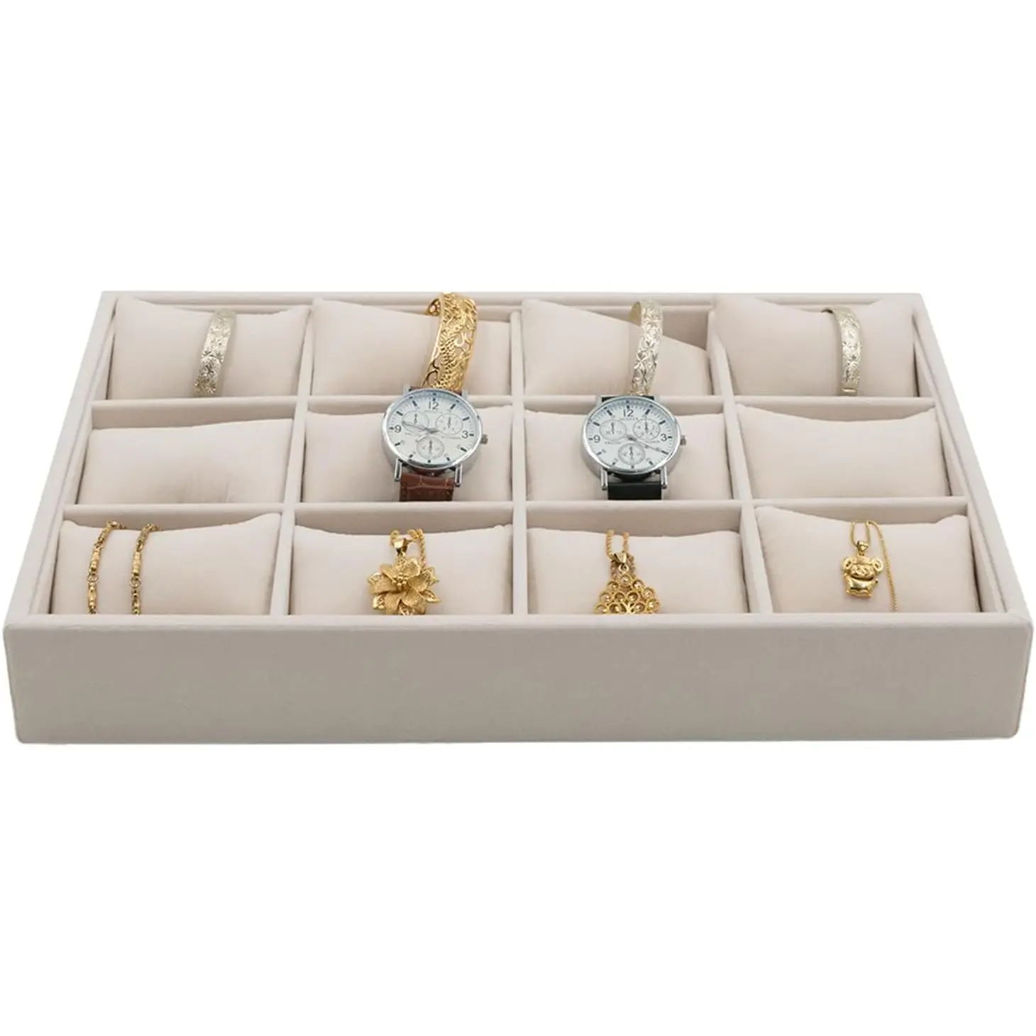 Jewelry Watch Tray, Beige Velvet Watch Jewelry Organizer 12 Grid, Stackable Watch Bracelet Bangle Display Holder, Adjustable Pillows, for Man Woman Show Birthday