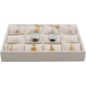 Jewelry Watch Tray, Beige Velvet Watch Jewelry Organizer 12 Grid, Stackable Watch Bracelet Bangle Display Holder, Adjustable Pillows, for Man Woman Show Birthday